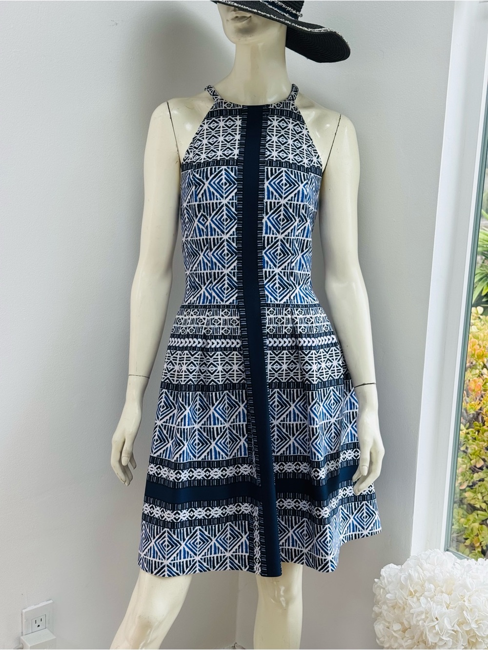 Vince Camuto Navy and White Geometric Halter Midi Dress
